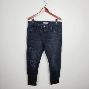 Zara Men's Charcoal Black Distressed Button Fly Skinny Jeans 34